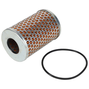 The Kit, Element - ACP0250270 by AGCO is a cylindrical air filter featuring a metallic perforated exterior adjacent to a black rubber O-ring gasket, ideal for Fendt and Massey Ferguson hydraulic systems.