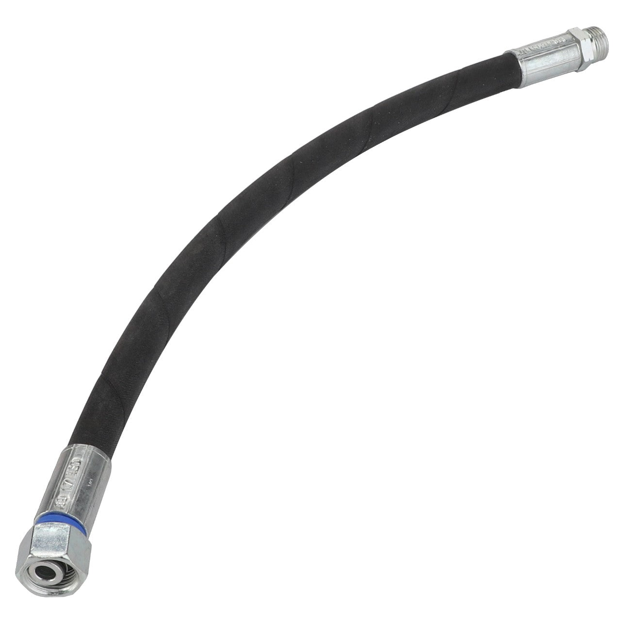 AGCO Hydraulic Hose - Acw1693110: A flexible, curved black hose with metal fittings on both ends. No current product description information is available.