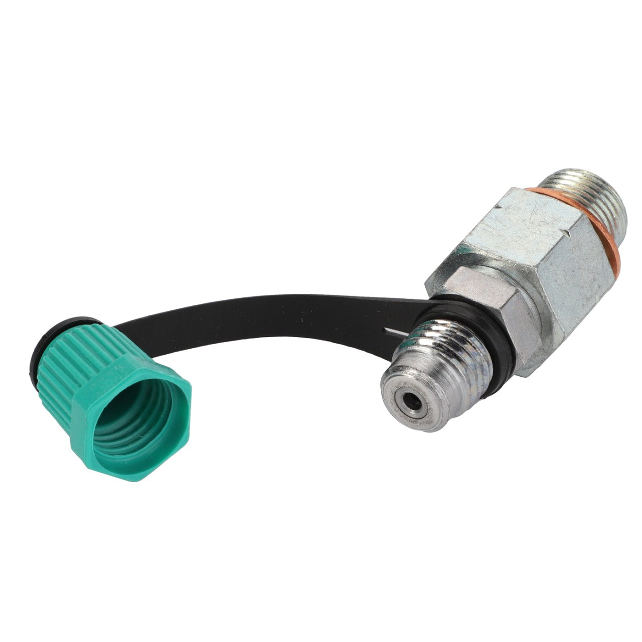 The AGCO Adapter - La293567 is a metal fitting with threaded ends and comes with a green cap secured by a black strap.