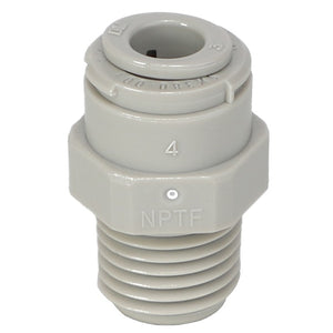 A gray plastic fitting with external threads and a hexagonal body, branded with "AGCO" and labeled as "CONNECTOR - AG516233" and the number "4 NPTF." No current product description information is available.