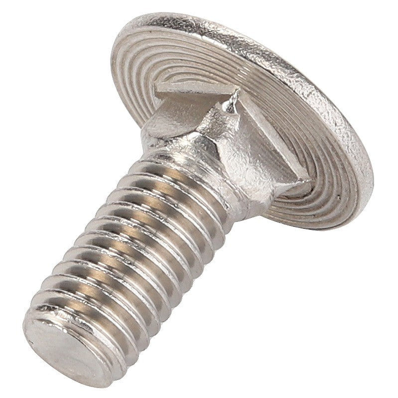 Detailed view of the AGCO round head square neck carriage bolt, model D46150449, showcasing its threaded shaft, metallic finish, and distinctive ridged, rounded head. Note: Currently lacking further product description information.