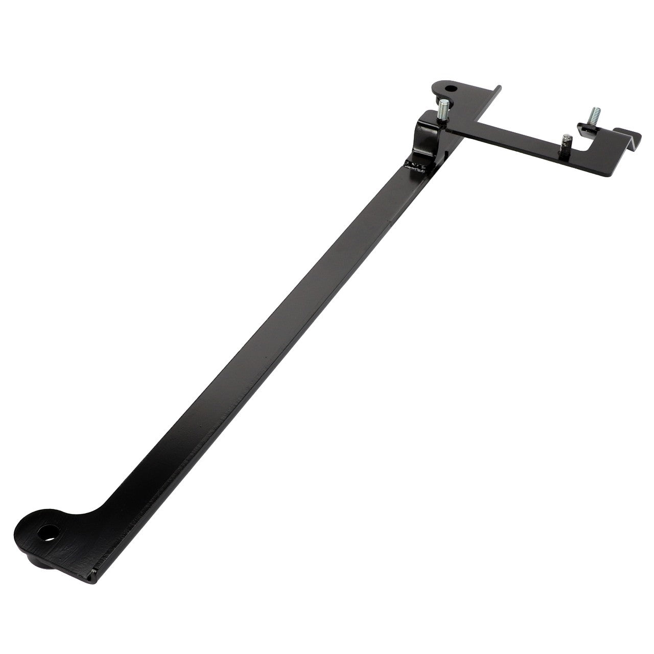 The AGCO Support - Acw0648220 is a black metal bracket with a long horizontal bar and multiple attachment points on the right end, ideal for upgrading your Fendt or Massey Ferguson equipment.