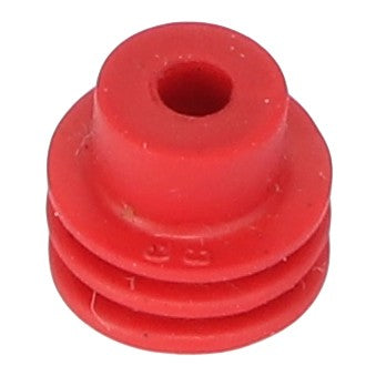 The AGCO | WIRE SEAL - AG517631 by AGCO is a red, circular rubber stopper featuring a central hole and a grooved base. No detailed product description is currently available.