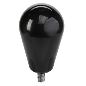 The AGCO | KNOB - AG520933 is a sleek, black, teardrop-shaped plastic knob featuring a threaded metal insert at the bottom for secure attachment and versatile use.