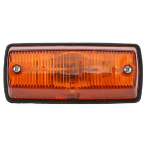 Close-up of an AGCO | INDICATOR LAMP - D45077600, featuring an orange, rectangular vehicle side marker light with two visible screws on either side, encased in a black border. No current product description information is available.