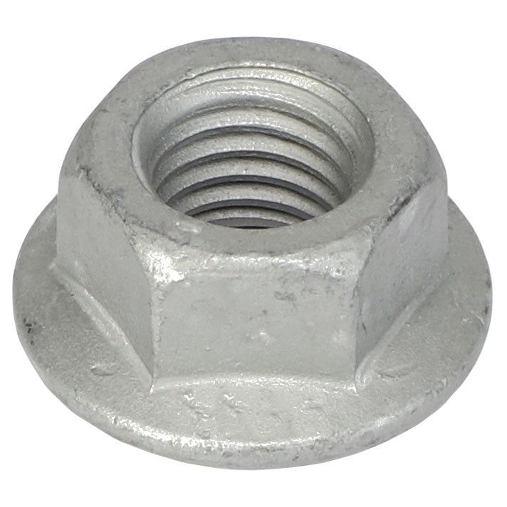 Close-up of an AGCO Hex Flange Nut (Acw1023950) constructed from metal with internal threading, designed for securing bolts and various fasteners. No current product description available.