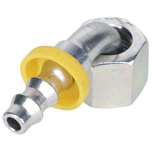 The AGCO Hydraulic Fitting - Acw1988690 is a sturdy metal pipe fitting featuring a hexagonal nut and a distinctive yellow rubber gasket.