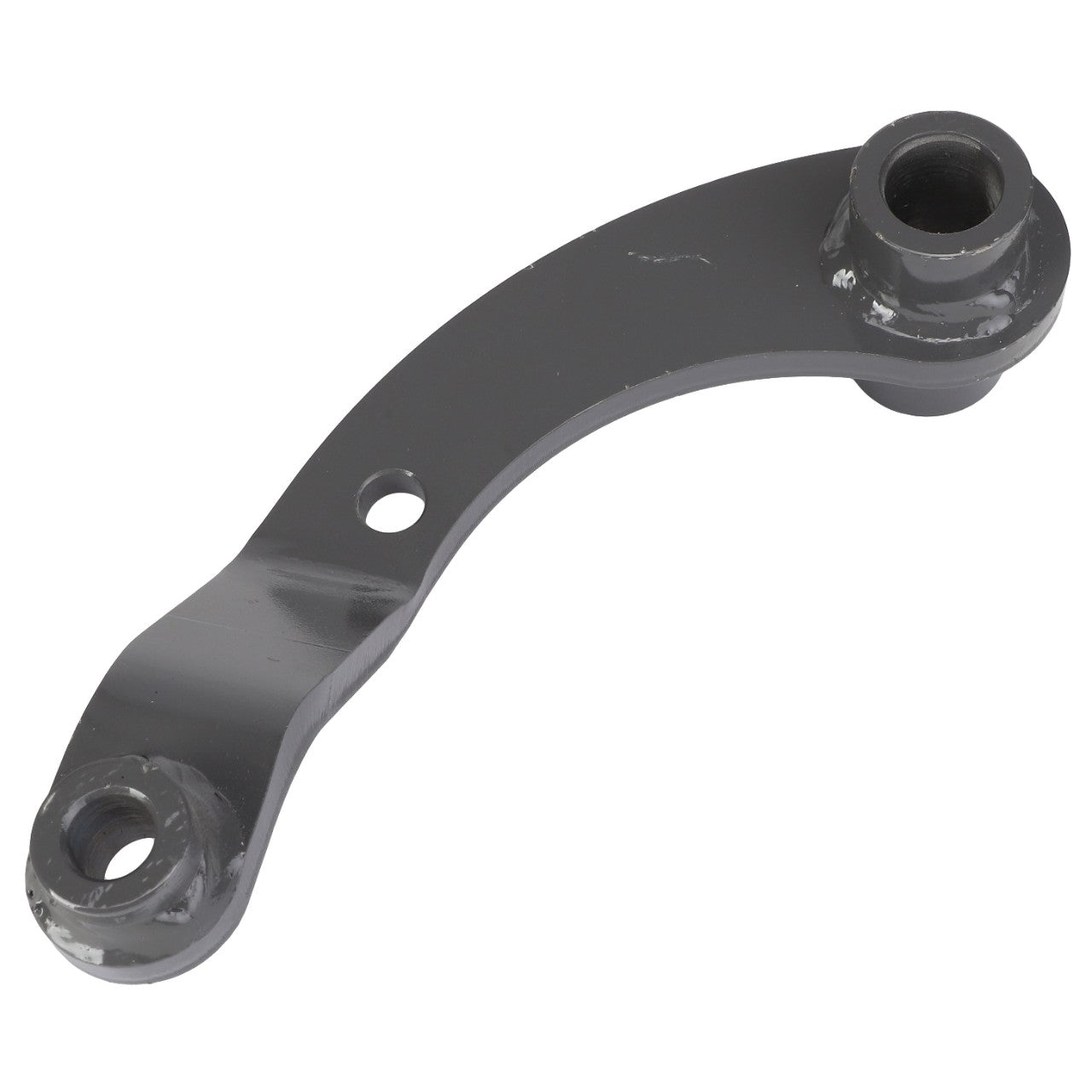 The AGCO Idler - Acw1806150 is a curved, gray metal bracket featuring two circular openings and a small central hole for fastening. No additional product description information is available at this time.