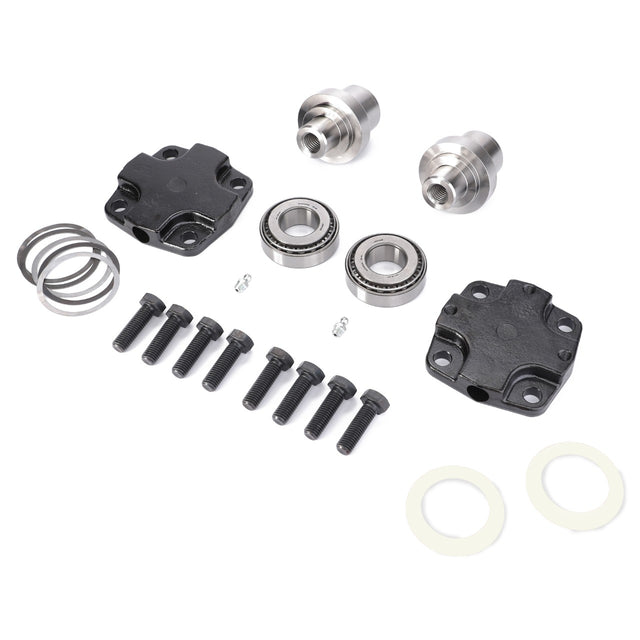 An AGCO Kit Pin - Acp0316240, including bolts, bearings, a differential kit with gaskets, and other metal components for front axle repair on AGCO tractor ranges, is arranged on a white background.