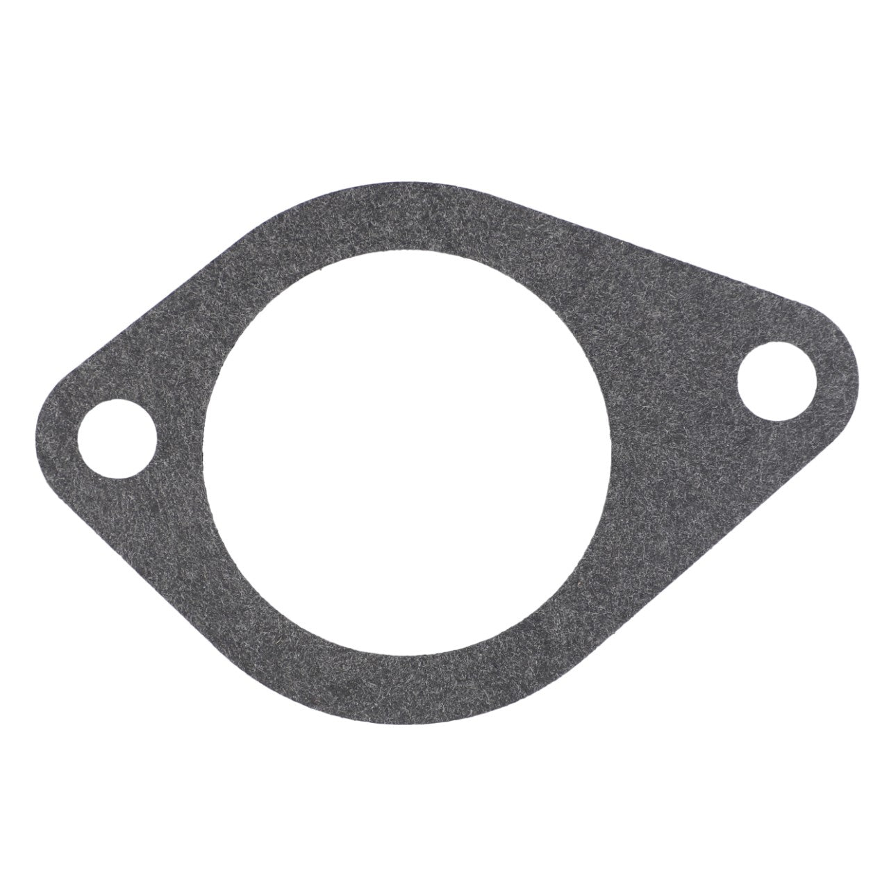 The AGCO Gasket - V837081126 is a flat, gray metal gasket with a large circular hole in the center and two smaller holes on each side for mounting, making it ideal for Fendt tractors.