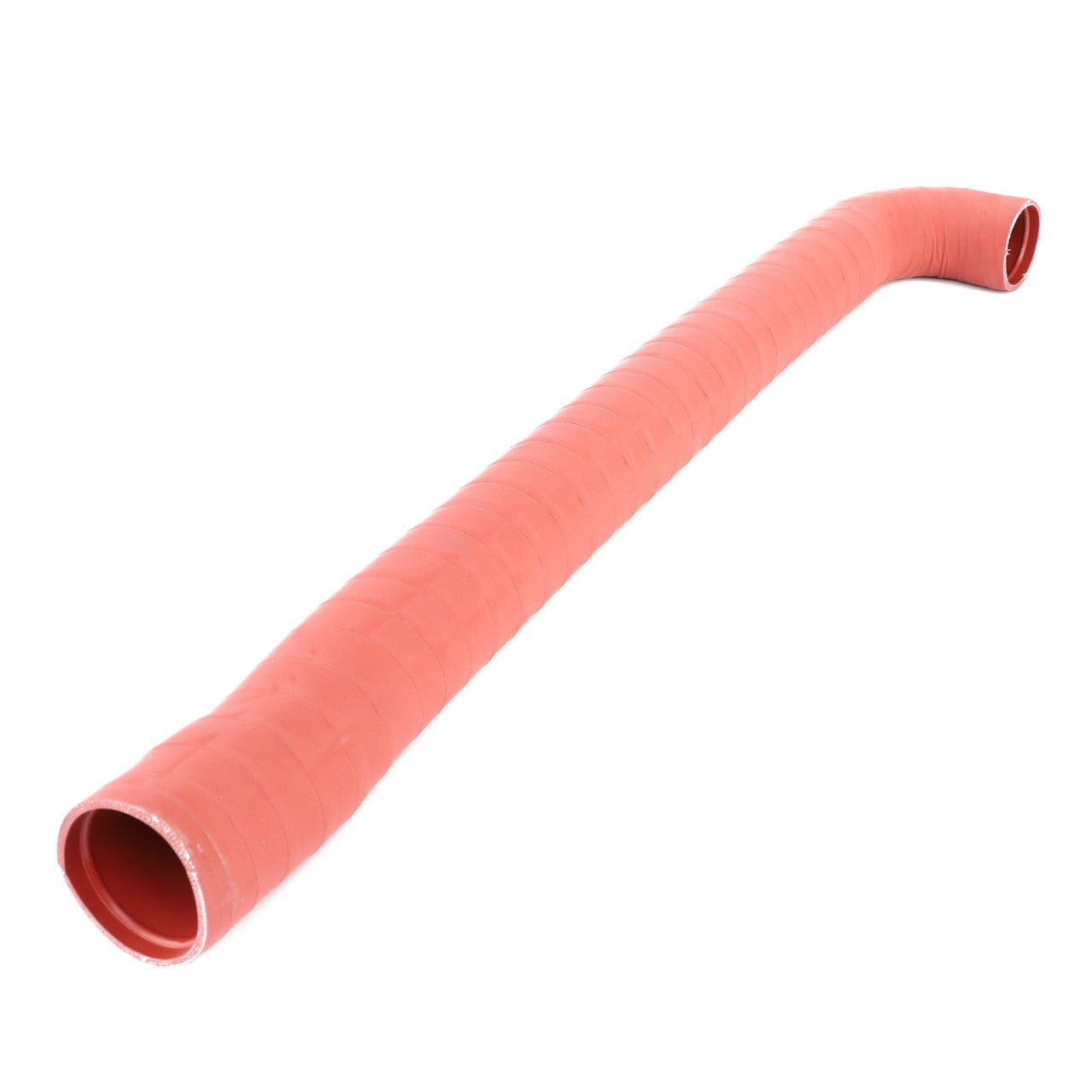 A high-quality AGCO | Hose, For Air - 718202190040, designed in a red, flexible and ribbed structure with one end slightly curved, is pictured against a white background, showcasing reinforced silicone for reliable performance.