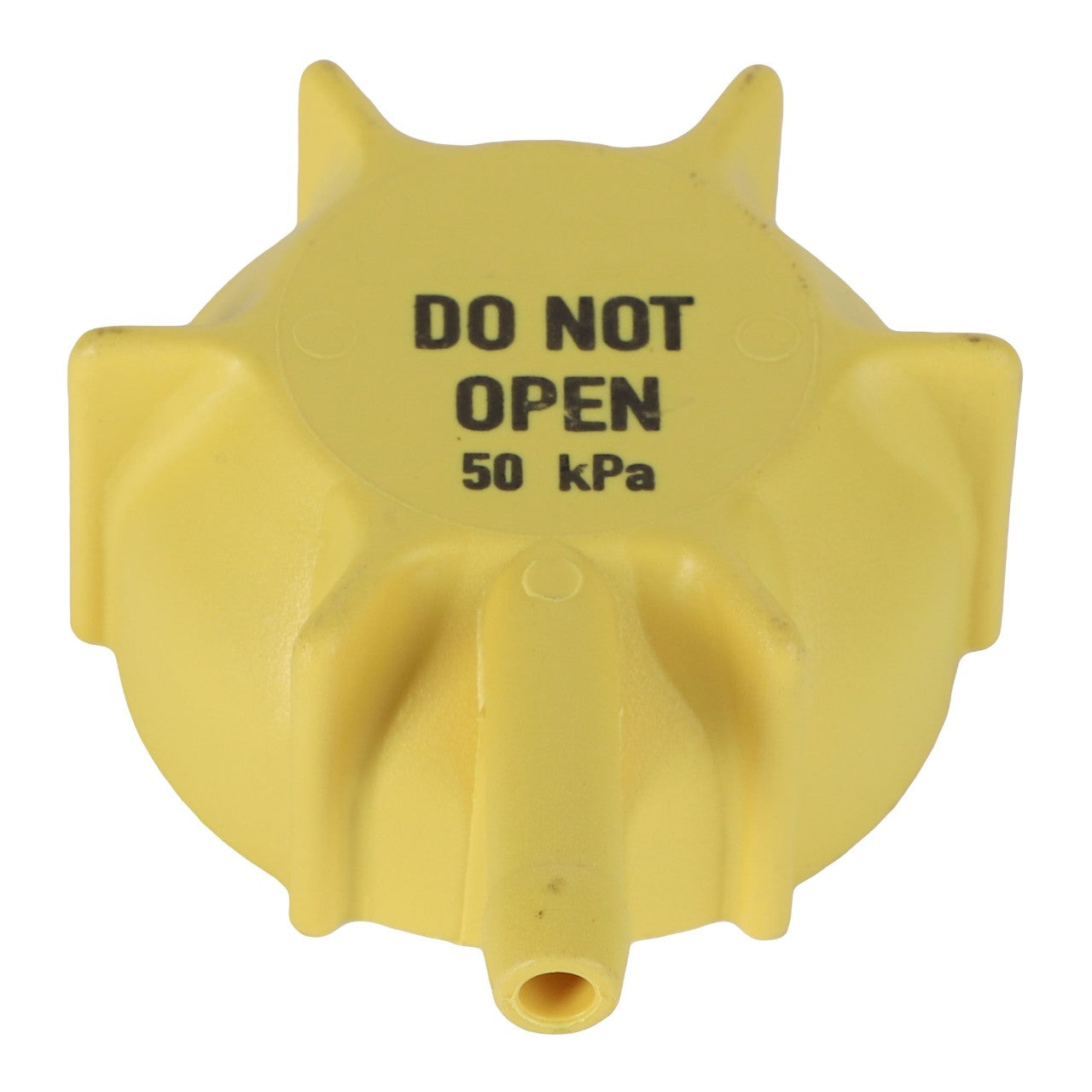 AGCO Valve - F530200050620 in a bright yellow color features "DO NOT OPEN 50 kPa" clearly printed on the cap, ensuring safety.