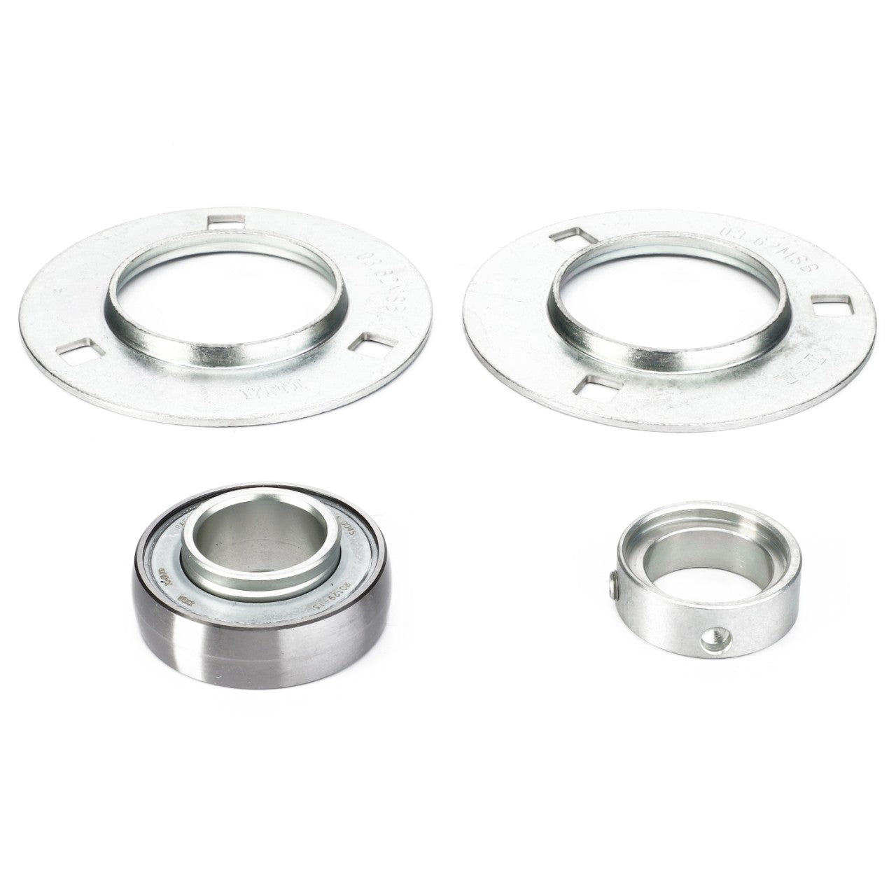 The AGCO | Bearing Flange - D41709600 set, featuring two flat rings with central holes, a cylindrical bearing, and a smaller cylindrical component with a side hole, is suitable for Massey Ferguson Models.