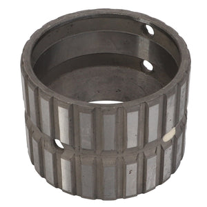 Product Description: The AGCO SLEEVE BUSHING - V30383400 is a metal cylindrical sleeve featuring vertical ridges and circular holes distributed around its circumference. This durable component is manufactured by the reputable brand AGCO.