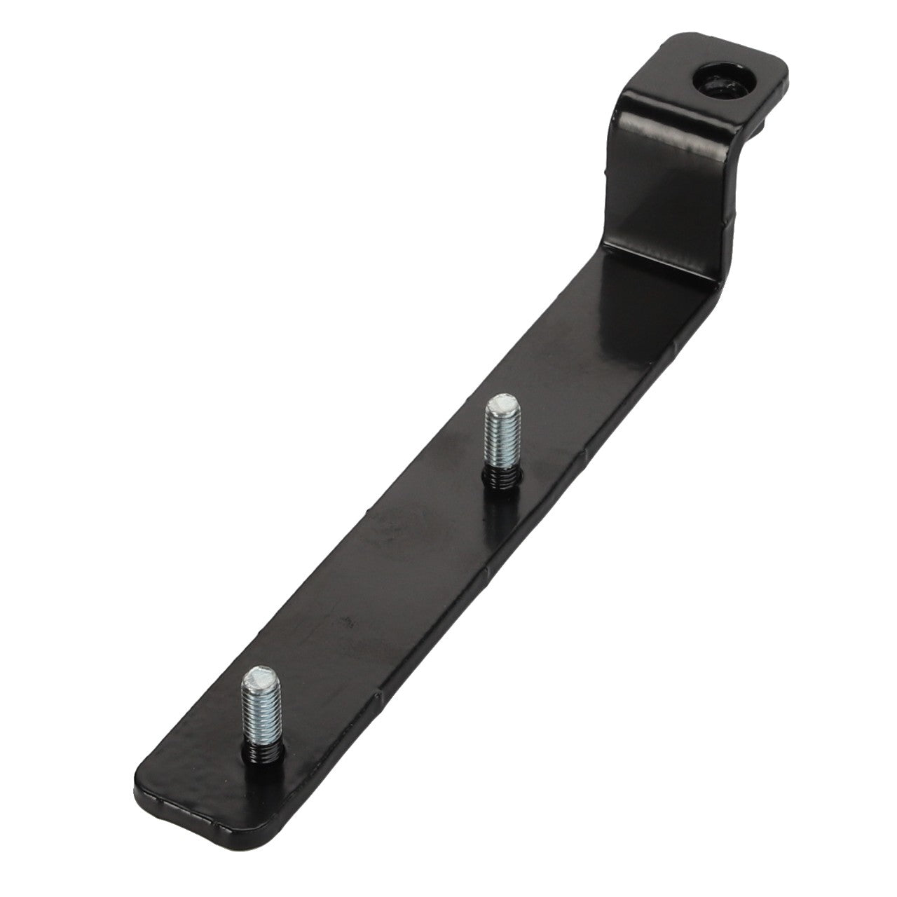 AGCO | Bracket, Left Hand - Acw2825760: A black metal bracket with two protruding threaded bolts and a mounting hole at one end.