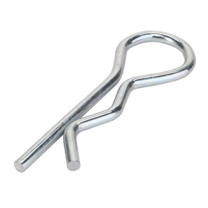 The AGCO | PIN - V30231200, made by AGCO, is a metal R-clip with a bent design that acts as a retaining pin to secure components in place—product description information not provided.