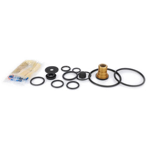 On a white background, the AGCO Repair Kit for Trailer Brake Valve (F916881120010) is displayed, featuring various black rubber O-rings, a brass fitting, and a small packet of lubricant—perfect for brake repair.