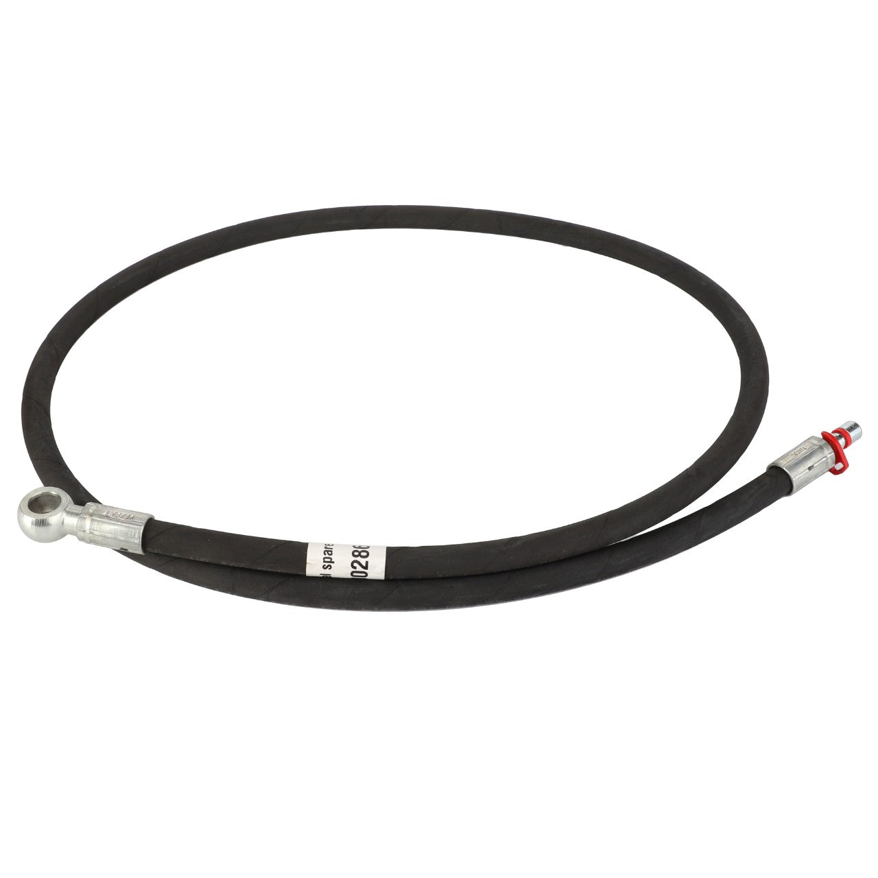 The AGCO HOSE - AL60000286 is a black rubber hydraulic brake hose featuring metal fittings at both ends, with one end equipped with a loop connector and the other end featuring a threaded connector. No current product description information is available.