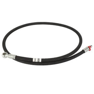 The AGCO HOSE - AL60000286 is a black rubber hydraulic brake hose featuring metal fittings at both ends, with one end equipped with a loop connector and the other end featuring a threaded connector. No current product description information is available.