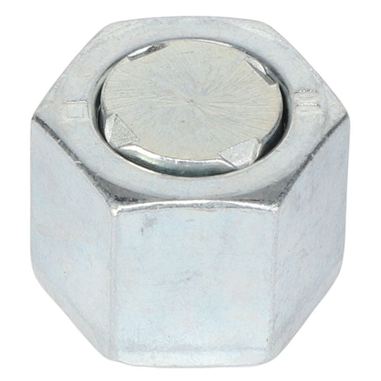 A close-up image of the AGCO | CAP - CH6V-9829 hex nut reveals its metallic finish and distinct six-sided shape, showcasing the quality associated with the AGCO brand.