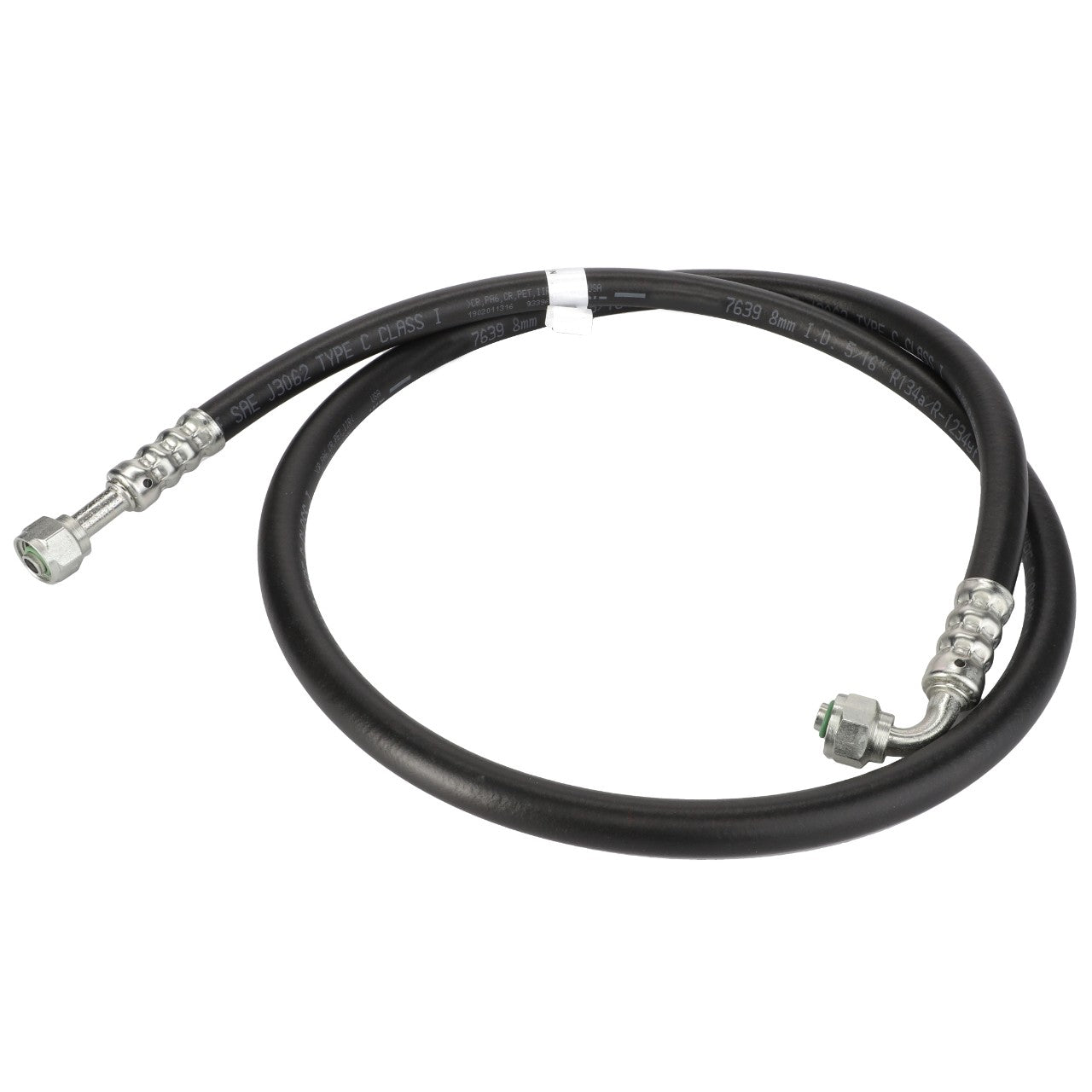 Currently, no product description information is available for the AGCO Bulk Hose - Acw1917180, a black hydraulic hose with silver metal fittings on both ends, coiled in a circular shape.