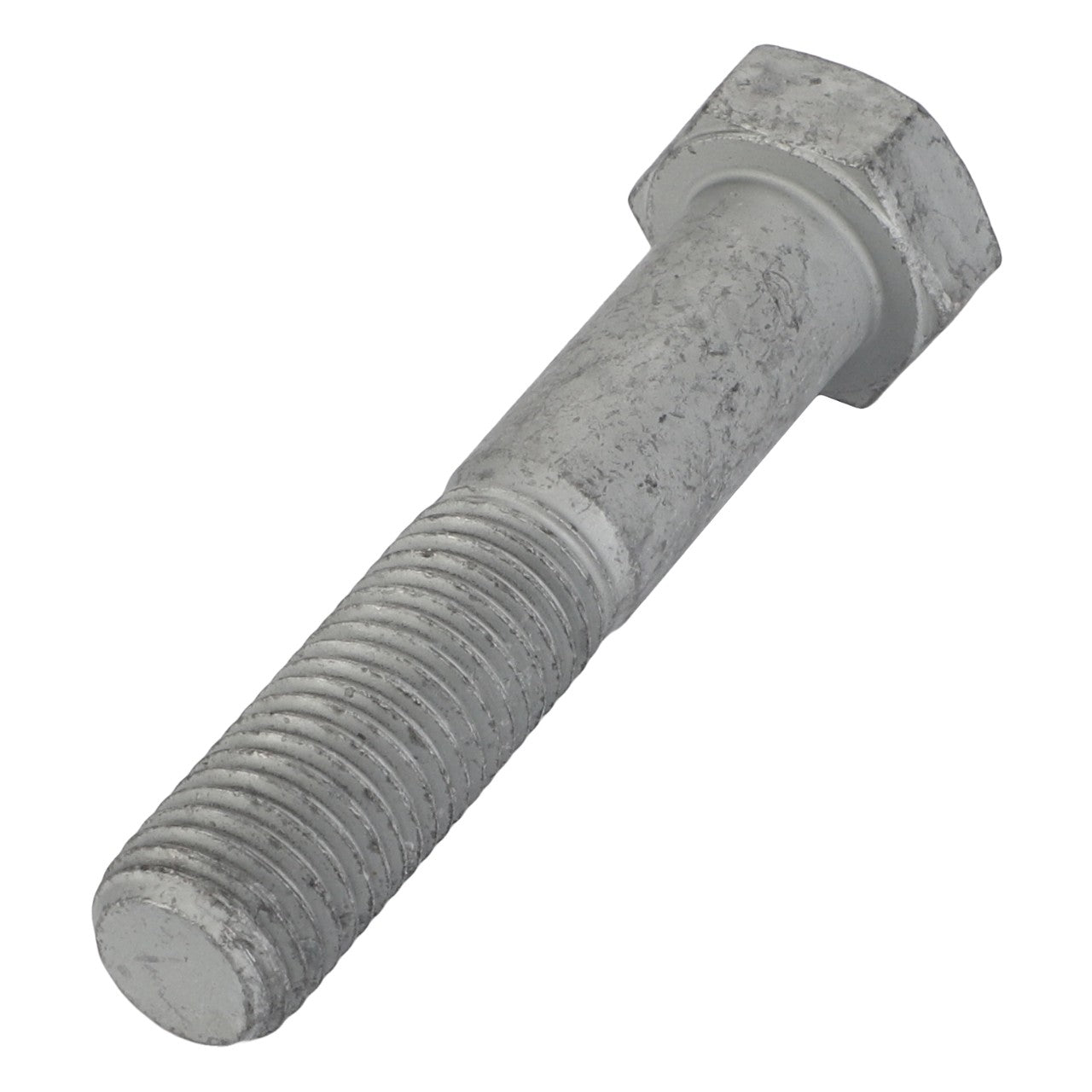 A close-up image showcases an AGCO Hexagonal Bolt - Acw0884550 from AGCO, featuring a weathered steel finish with a threaded shank and hexagonal head, revealing signs of slight tarnishing.