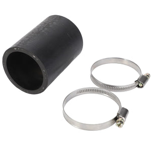 An AGCO black rubber hose (Product Name: Hose - 3637427M91) and two silver metal hose clamps, lying on a white background, are perfect for maintaining your Massey Ferguson tractor.