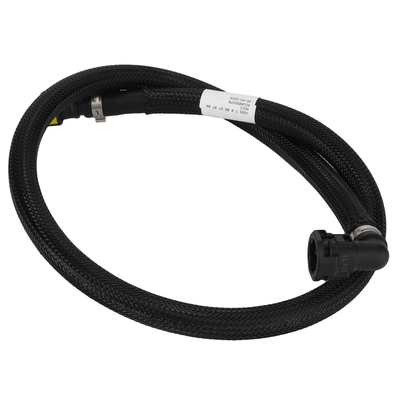 A coiled, black braided flexible hose with a connector on one end and a label attached near the middle is identified as the AGCO Fuel Hose - Acw4052370 from the AGCO brand.