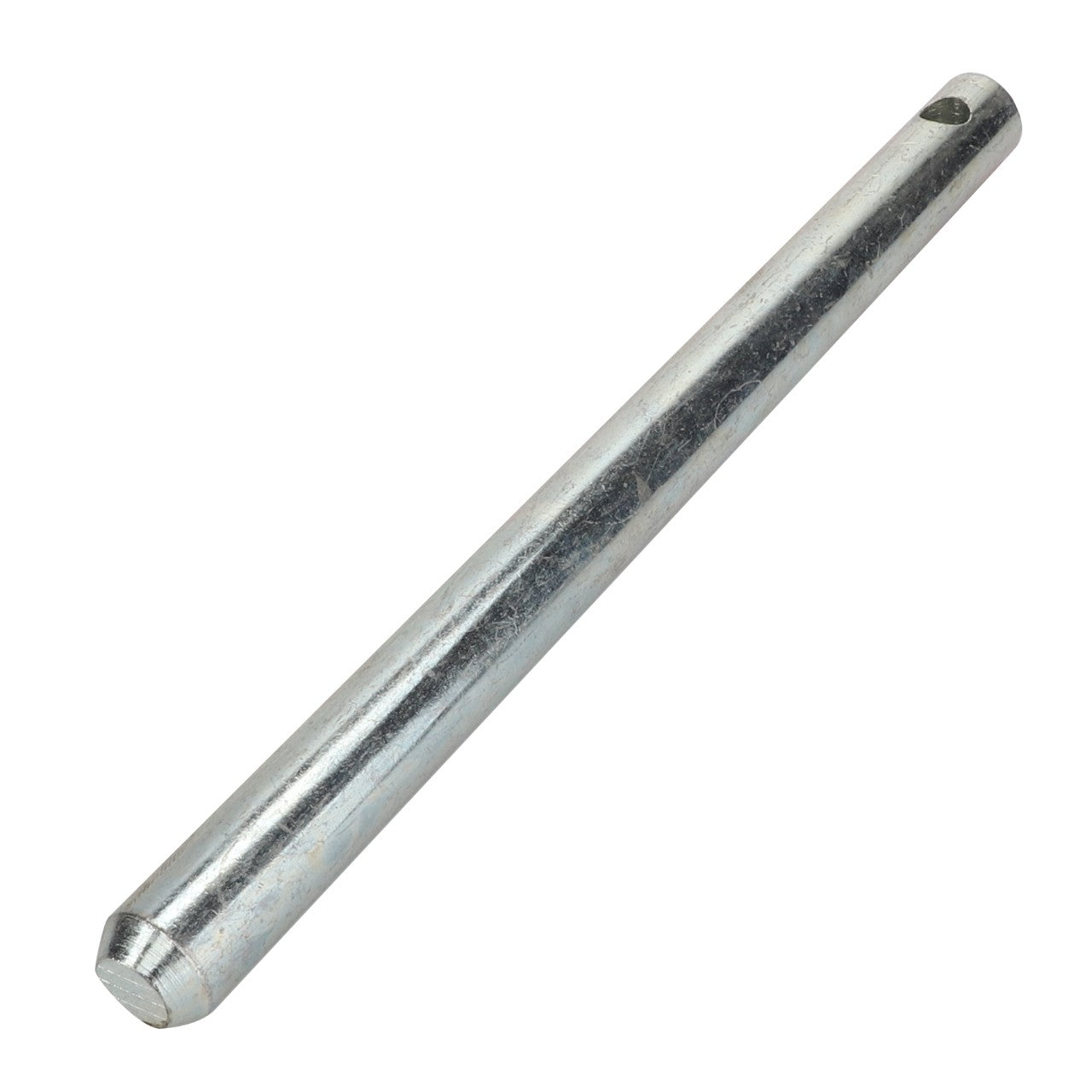 Product Description: The AGCO LATCH - AL246706 is a shiny metallic cylindrical rod that features a small hole near one end.