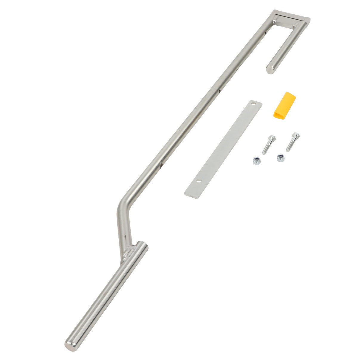 The AGCO Locking - Acp0566230, featuring a silver latch bar with screws, a metal plate, and a yellow plastic piece, is displayed against a white background. No current product description is available for this item.