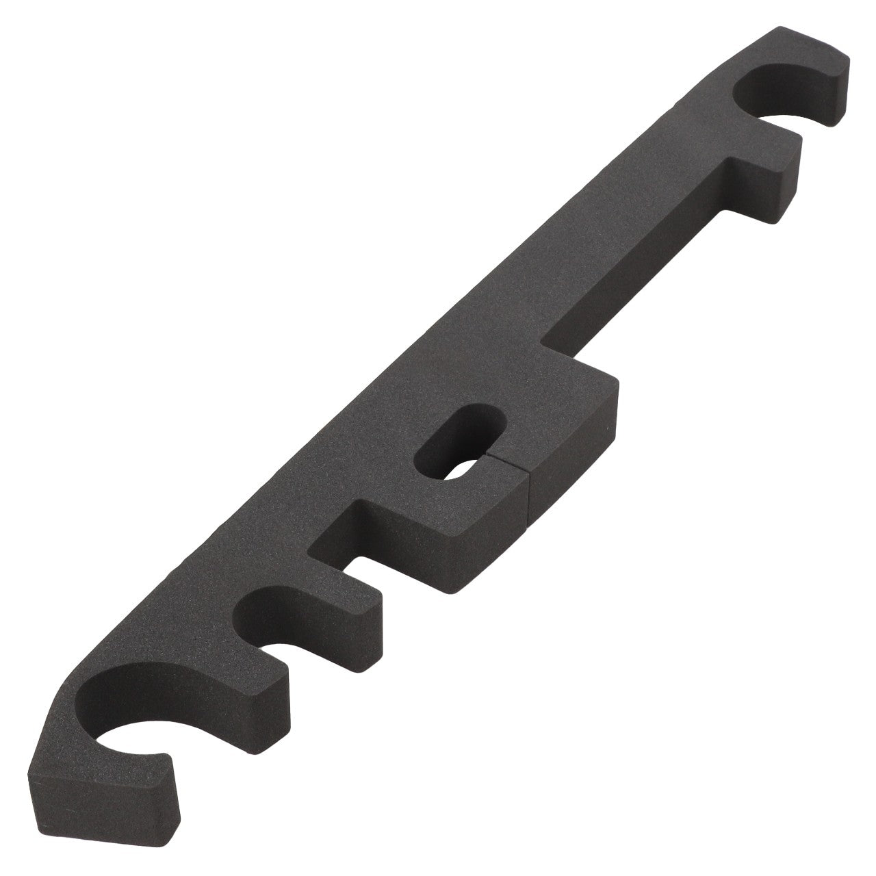 A black plastic bracket with four hook-like cutouts and a rectangular hole in the middle. This item is identified as the AGCO Seal - Acw136617A by AGCO.