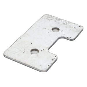 A rectangular metal plate, model AGCO | PLATE - D28550372 by AGCO, features two circular holes and a notched corner, showing signs of wear and scratches. Current product description information is unavailable.