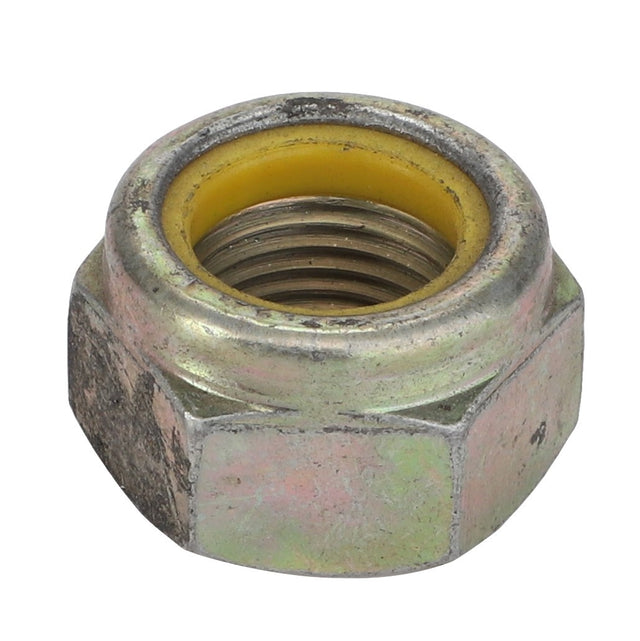 Close-up image of the AGCO Nut - Va022433, a hexagonal metal nut featuring a distinct yellow inner ring.