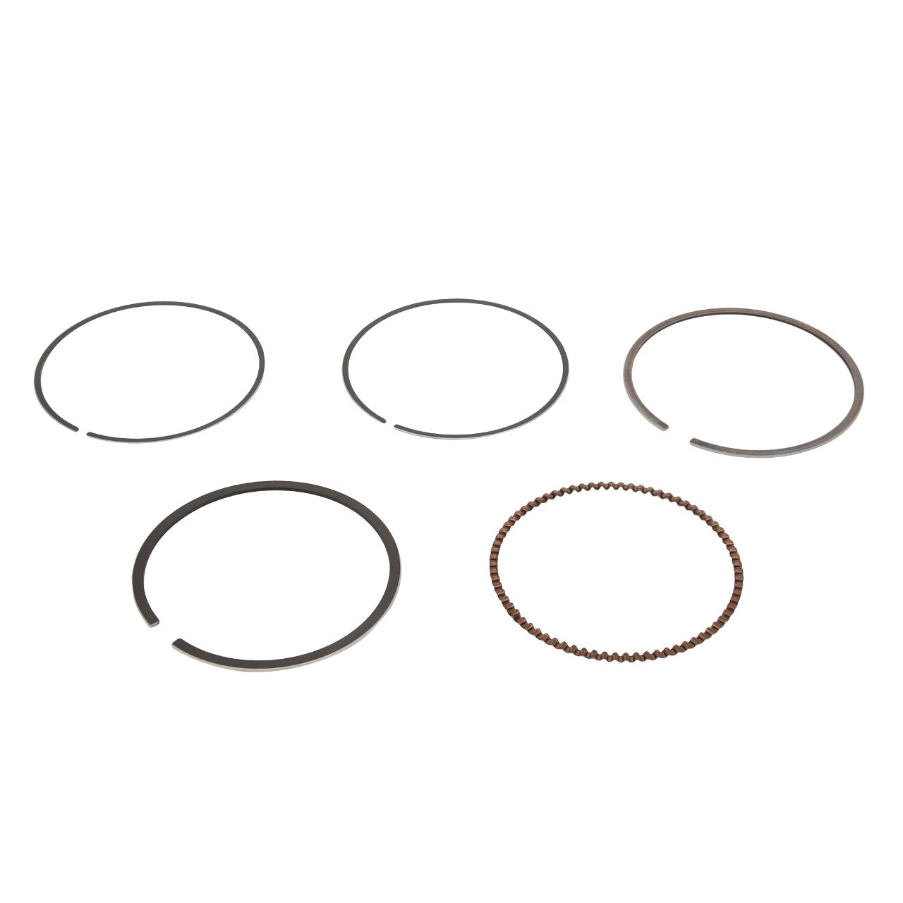 Displayed against a white background are five distinct AGCO rings, part of the "KIT, RING - ATV3402-266" collection. Four of these metal rings are flat and solid, while one features a unique beaded texture. Currently, no additional product description information is available.