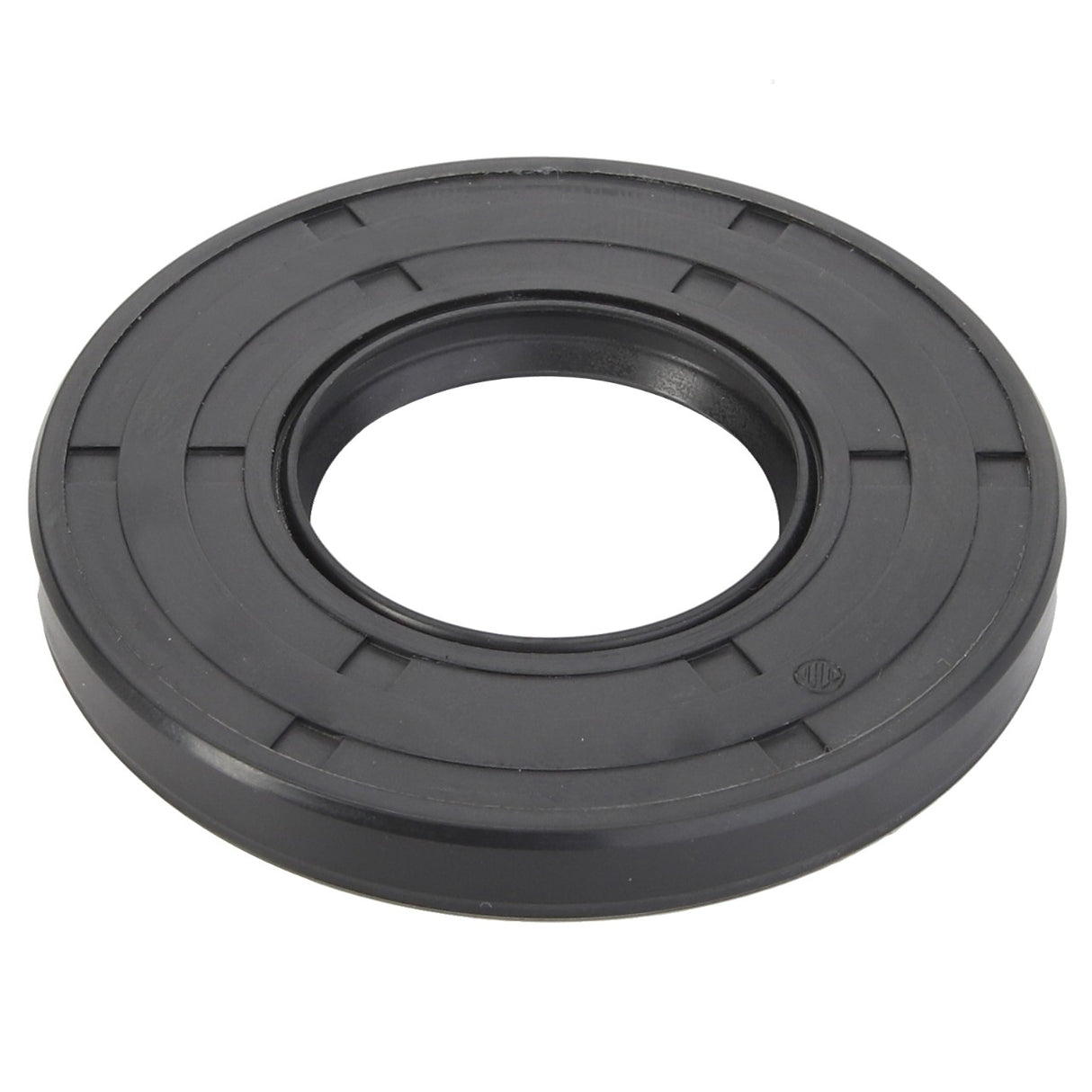 The AGCO Oil Sealing Ring - ACP0279640 is a genuine black rubber oil seal, designed for reliability, featuring a central hole and grooves on one side to enhance performance.