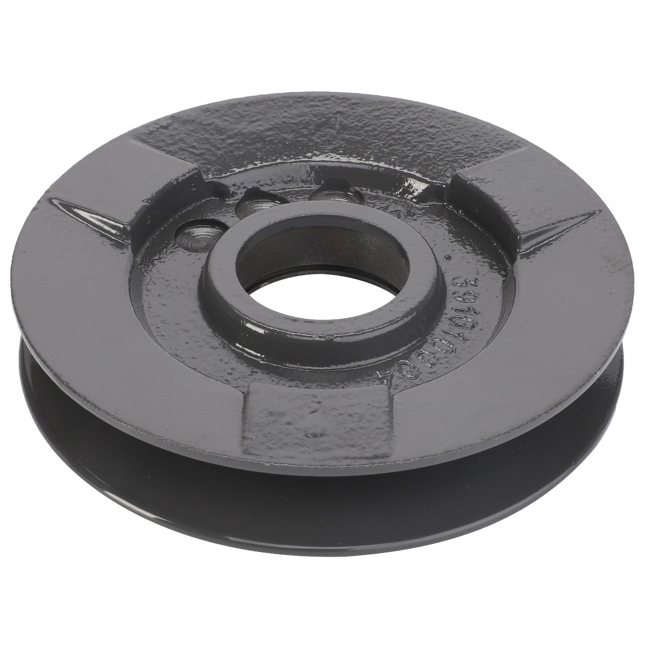 The AGCO | Belt Tensioner - La300010534 is a black, round metal pulley featuring a central hole and a groove around its circumference. Its surface is slightly textured with visible casting marks.