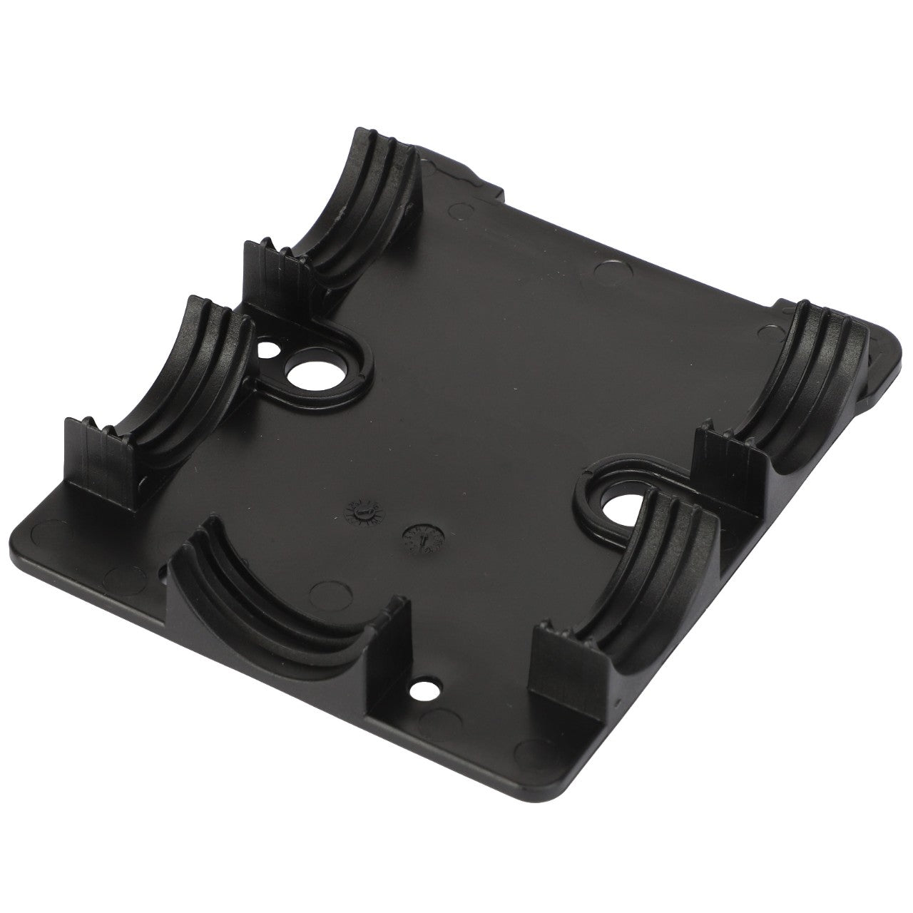 A black plastic mounting bracket featuring multiple curved slots and screw holes, compatible with Valtra precision equipment, is offered under the name AGCO | Distributor Socket - 835900040180 by the brand AGCO.