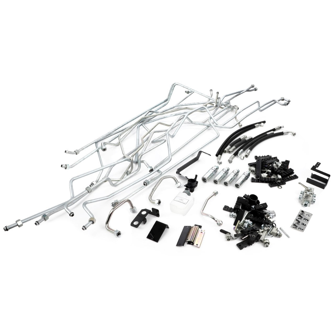 The AGCO Hydraulic Kit (Acp0662370) by AGCO includes a variety of metal and plastic components, such as pipes, fittings, a bottle, brackets, and fasteners, making it an essential part of any complex industrial or mechanical assembly kit.