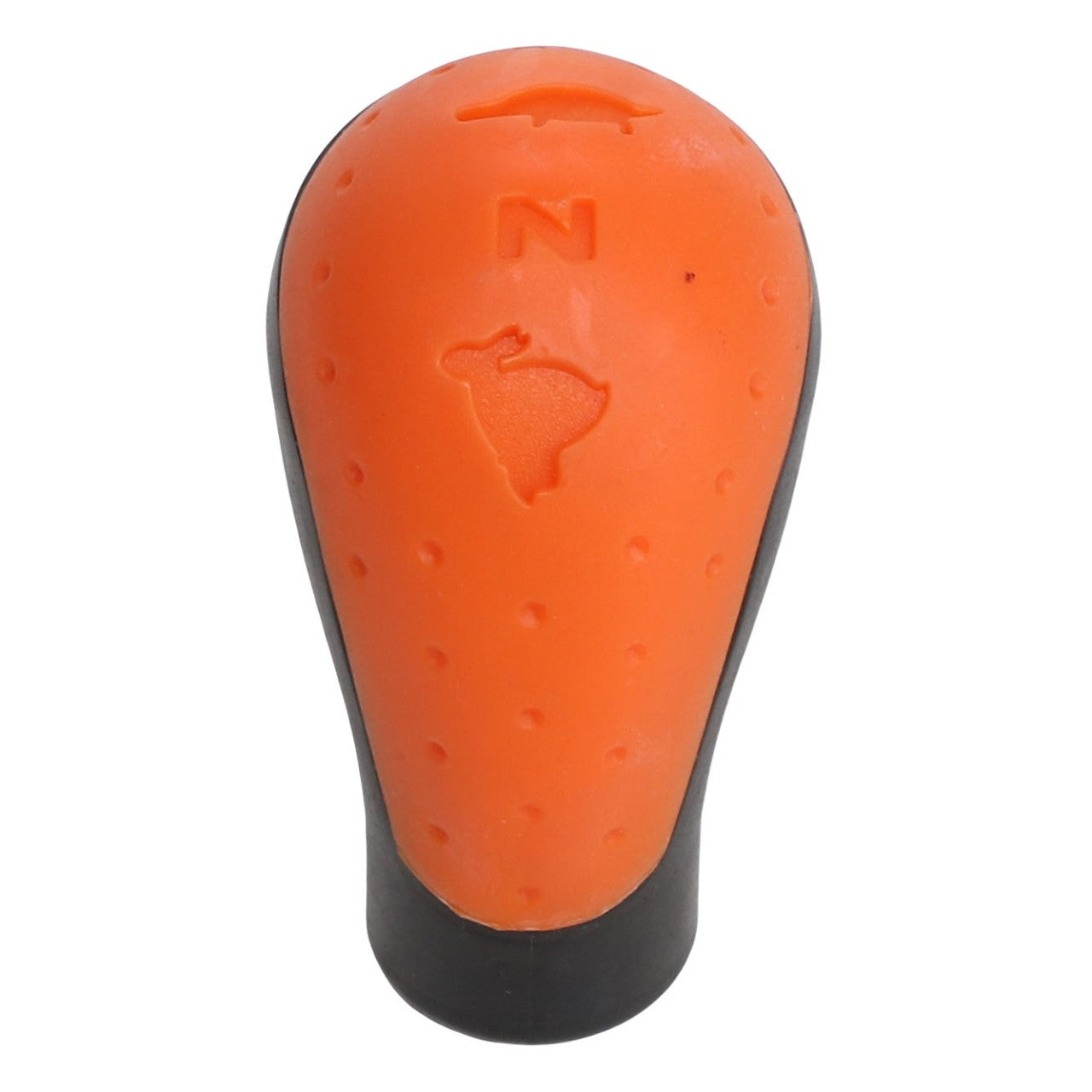 Product Description: The AGCO | KNOB - ACP024688A is an orange gear shift knob with a black base. It features a raised design of a map outline, the letter "N," and a car on top. For any questions, please contact our support team.