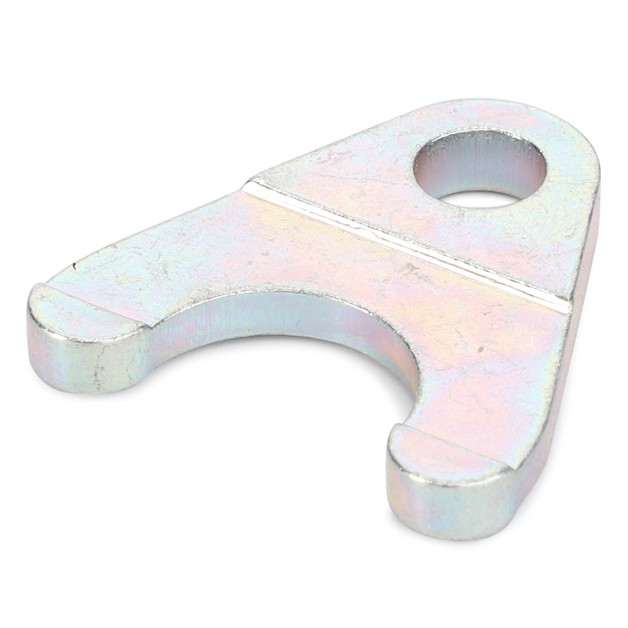 The AGCO Retaining Sheet Metal (931150600100) is an "A" shaped metal component featuring a circular hole at the top and a semicircular cutout at the bottom, designed for mounting or mechanical connection purposes on Fendt Vario tractor models.