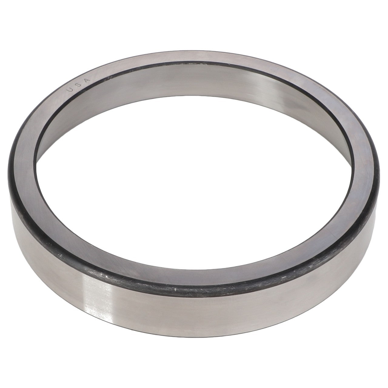 The AGCO | BEARING CUP - AG711901, a metallic, circular bearing ring with a smooth, reflective surface, is likely designed for handling radial loads in machinery or automotive applications.