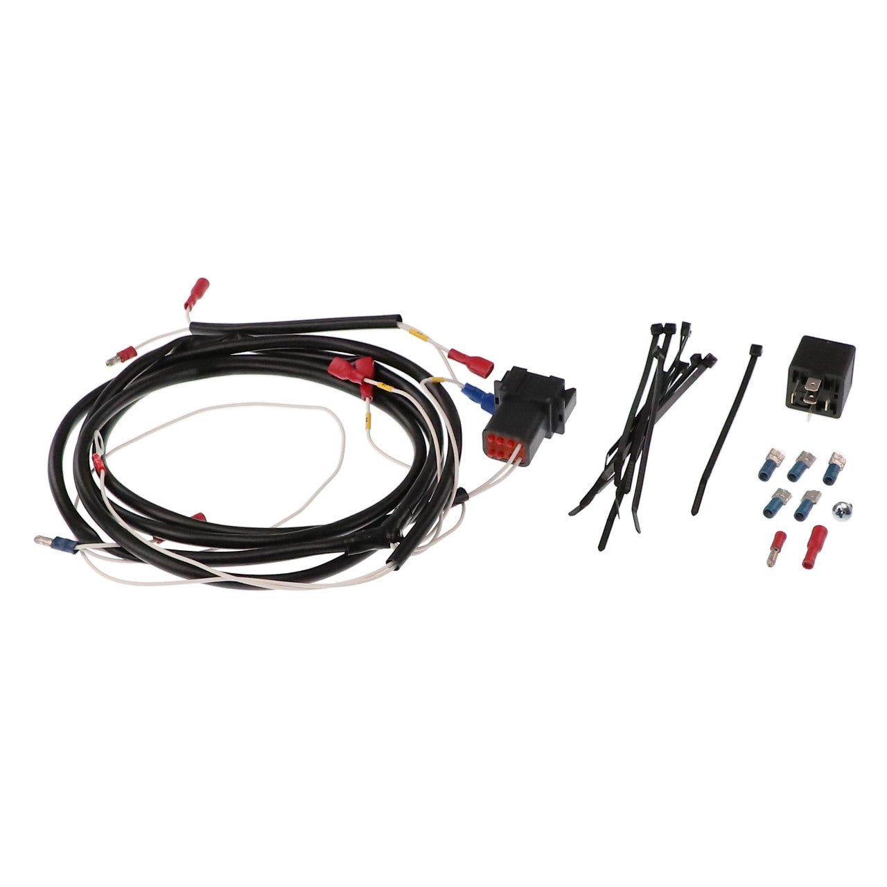 The AGCO Wiring Harness Kit (Model AL5102218) from AGCO includes various colored wires, connectors, zip ties, a relay, and other electrical components displayed on a white background. Please note that no current product description information is available.