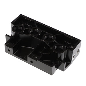 A sleek, black rectangular AGCO BREECH PLATE - AL5044905 industrial component with multiple threaded holes and grooves, viewed from an angle.