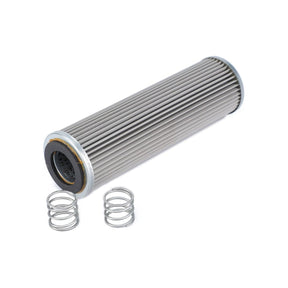 The AGCO Genuine Hydraulic Filter Cartridge - 3555711M91 is a cylindrical metal filter with fine ridges, supplied with two small metal springs, making it ideal for protecting hydraulic components in Massey Ferguson models.