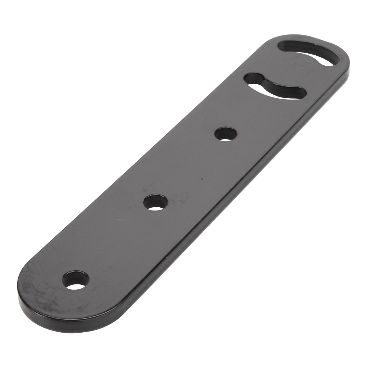 The AGCO | BRACKET - AL10383704 by AGCO is a black metal mounting bracket featuring three circular holes and one elongated slot. Note that there is no current product description information available.