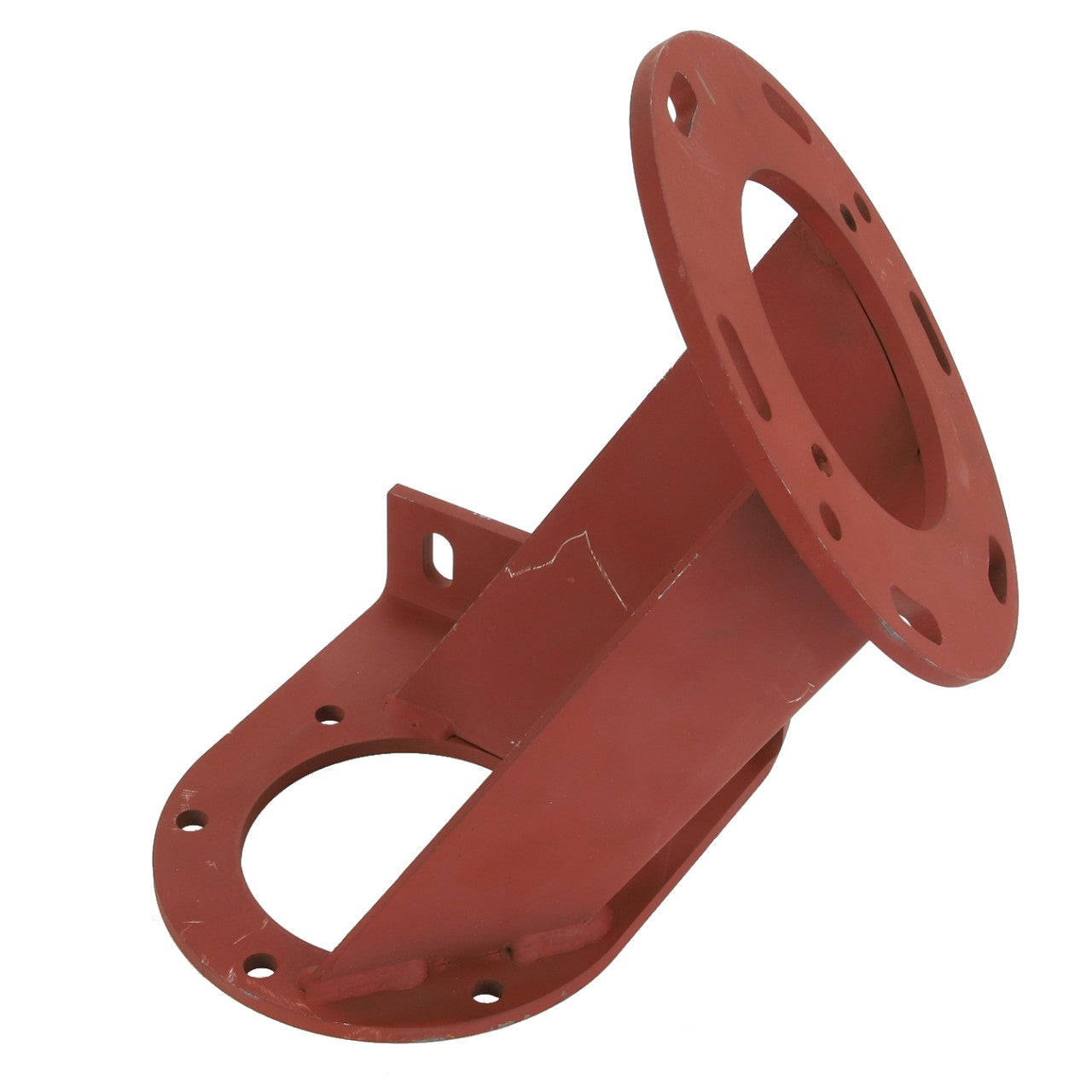 AGCO | SPACER - D28585326 is a red metal mounting bracket featuring circular flanges on either end, designed for industrial applications. No current product description information available.