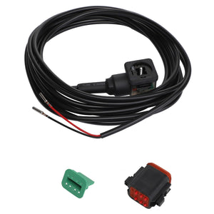 A coiled electrical wire with a black connector attached, accompanied by two separate connectors—one green and one black and red—positioned below the wire. Product Name: AGCO | HARNESS - AL5102207; Brand Name: AGCO.