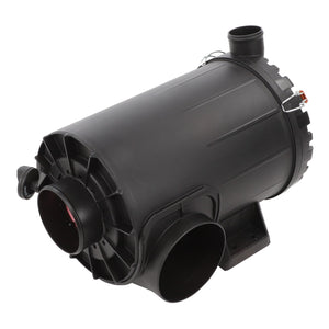 An image of the AGCO Kit, Air Cleaner - Acw355426B, a black cylindrical industrial blower by AGCO, featuring a reinforced outer casing and multiple pipe fittings for air intake and exhaust.