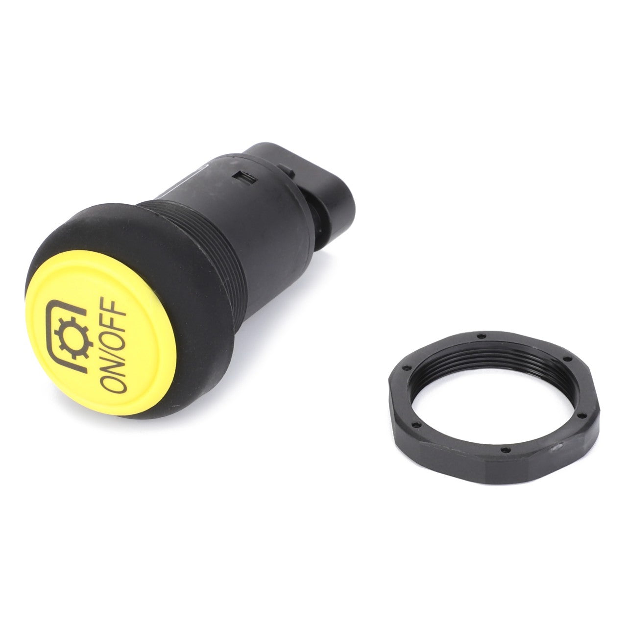 A black and yellow AGCO push button switch labeled "ON/OFF" with a separate black threaded ring, compatible with Massey Ferguson Models, is shown on a white background. The product is identified as Switch, Pto - 4355770M3.