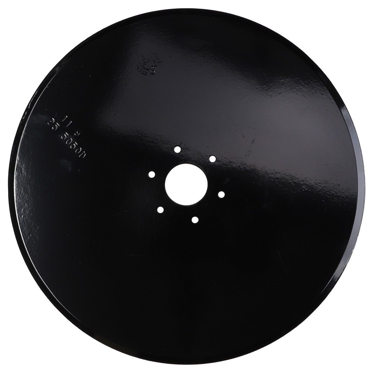 A black, circular metal disc with five small holes surrounding a larger central hole; product description currently unavailable. This item is the AGCO | White Planter Opener, 13.5" - 30-1005553 by AGCO.